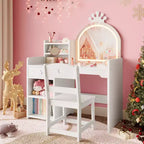 Toeletta per bambini con specchio illuminato e sgabello, set toeletta per bambine con libreria aperta, tavolo da trucco per bambine