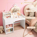 Toeletta per bambini con specchio illuminato e sgabello, set toeletta per bambine con libreria aperta, tavolo da trucco per bambine