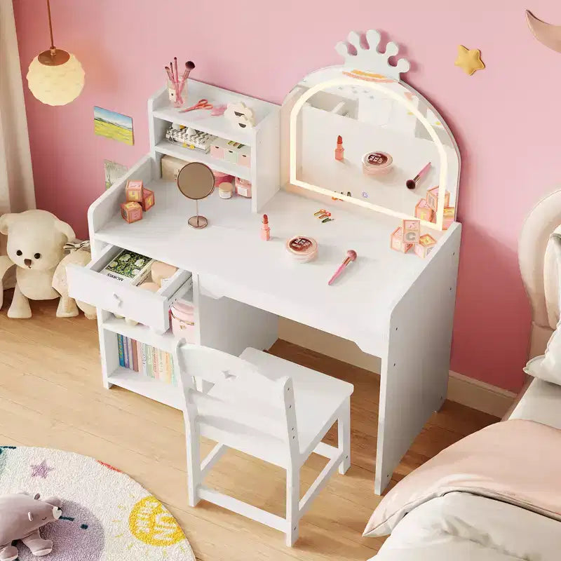 Toeletta per bambini con specchio illuminato e sgabello, set toeletta per bambine con libreria aperta, tavolo da trucco per bambine