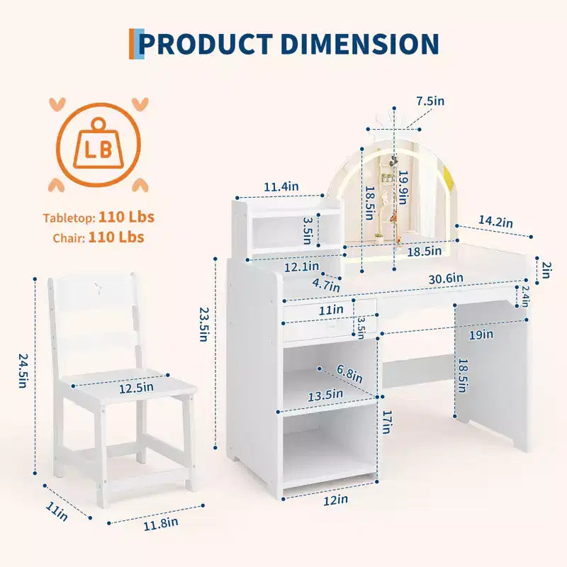 Toeletta per bambini con specchio illuminato e sgabello, set toeletta per bambine con libreria aperta, tavolo da trucco per bambine