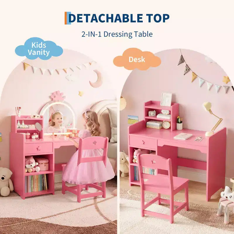 Toeletta per bambini con specchio illuminato e sgabello, set toeletta per bambine con libreria aperta, tavolo da trucco per bambine