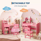 Toeletta per bambini con specchio illuminato e sgabello, set toeletta per bambine con libreria aperta, tavolo da trucco per bambine