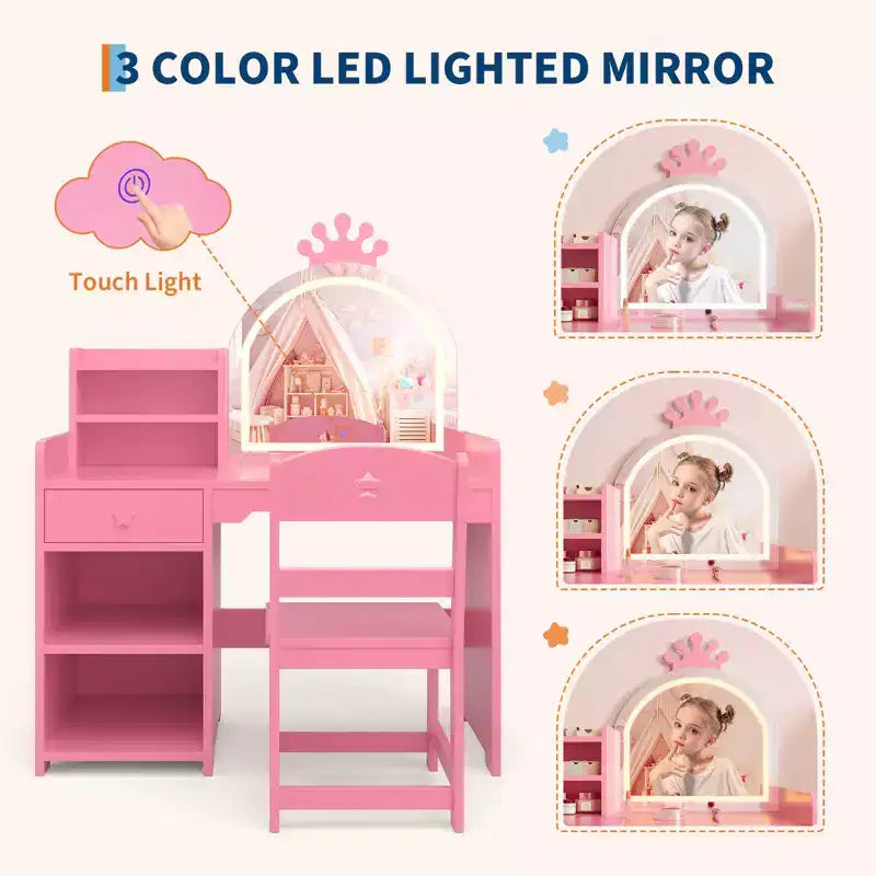 Toeletta per bambini con specchio illuminato e sgabello, set toeletta per bambine con libreria aperta, tavolo da trucco per bambine