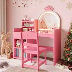 Toeletta per bambini con specchio illuminato e sgabello, set toeletta per bambine con libreria aperta, tavolo da trucco per bambine