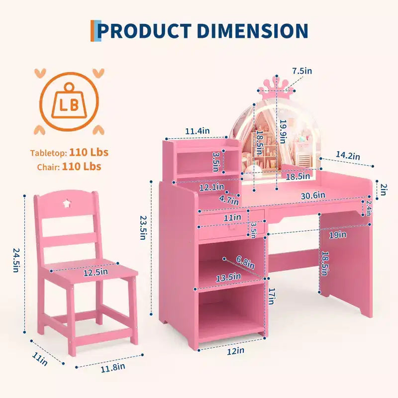 Toeletta per bambini con specchio illuminato e sgabello, set toeletta per bambine con libreria aperta, tavolo da trucco per bambine