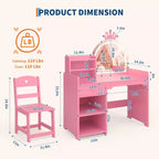 Toeletta per bambini con specchio illuminato e sgabello, set toeletta per bambine con libreria aperta, tavolo da trucco per bambine