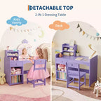 Toeletta per bambini con specchio illuminato e sgabello, set toeletta per bambine con libreria aperta, tavolo da trucco per bambine