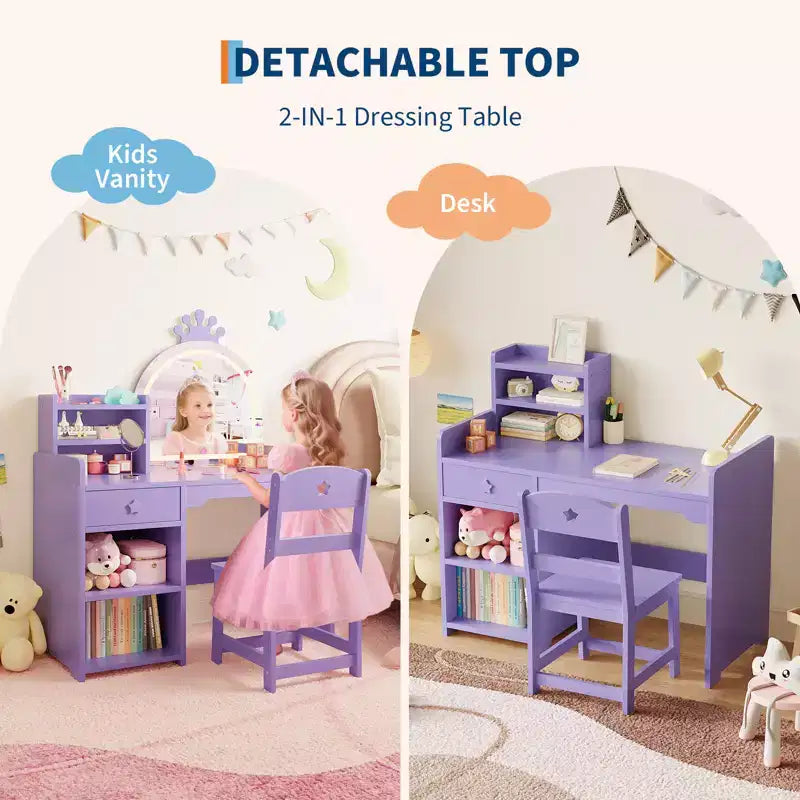Toeletta per bambini con specchio illuminato e sgabello, set toeletta per bambine con libreria aperta, tavolo da trucco per bambine