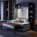 Queen Murphy Bed Wall Bed with Sofa, Queen Size Cabinet Bed Folding Wall Bed with Bookshelf and Shelves for Guest Room Office