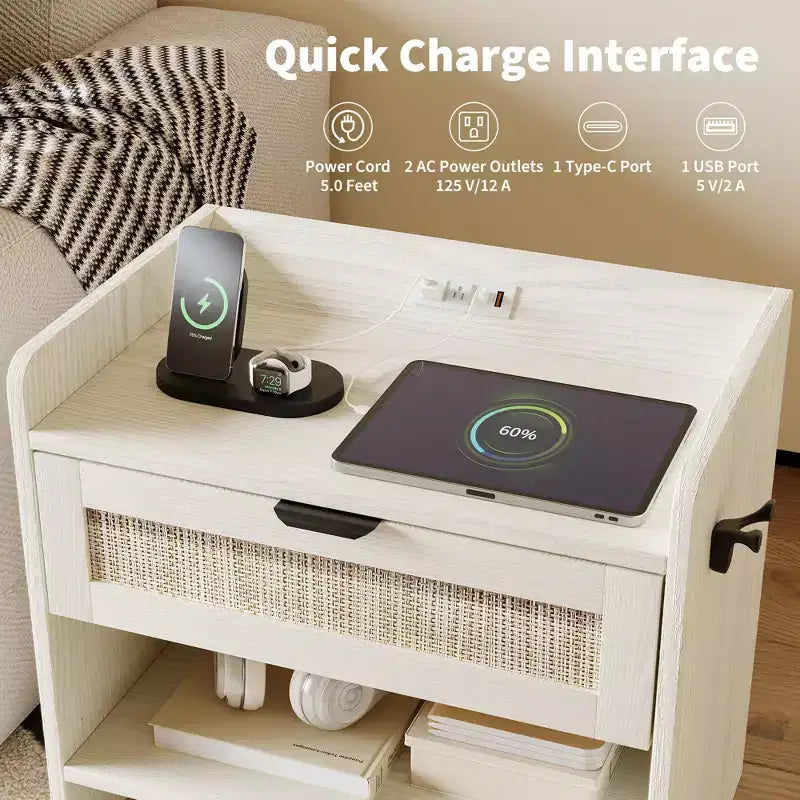 Rattan Nightstand Set of 2, Nightstand with Charging Station & Type-C Port, Boho Bedside Table with Drawer and Open Shelf, End Table