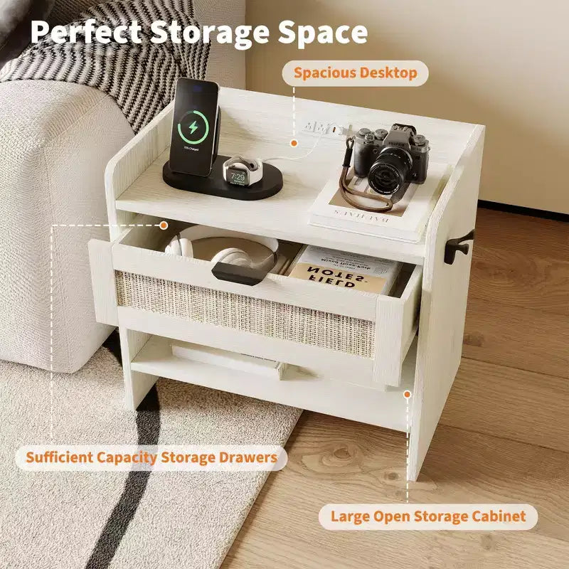 Rattan Nightstand Set of 2, Nightstand with Charging Station & Type-C Port, Boho Bedside Table with Drawer and Open Shelf, End Table