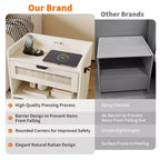 Rattan Nightstand Set of 2, Nightstand with Charging Station & Type-C Port, Boho Bedside Table with Drawer and Open Shelf, End Table