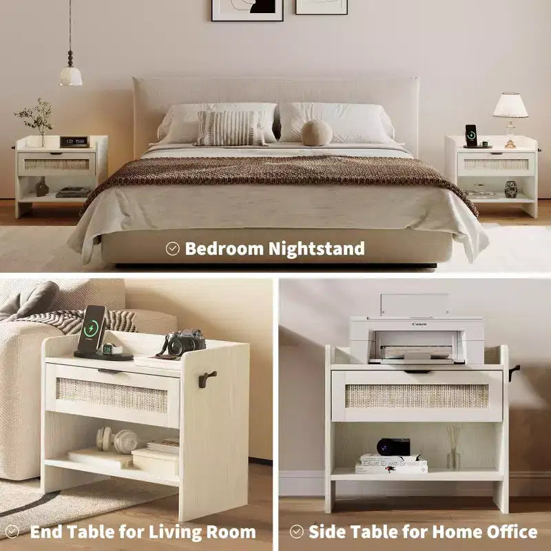 Rattan Nightstand Set of 2, Nightstand with Charging Station & Type-C Port, Boho Bedside Table with Drawer and Open Shelf, End Table