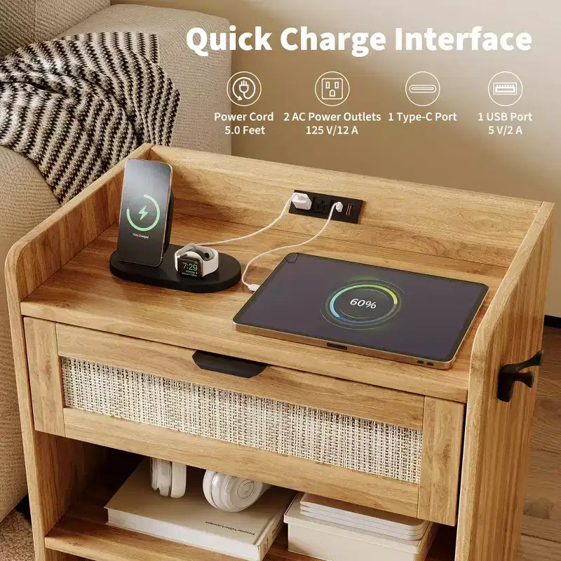 Rattan Nightstand Set of 2, Nightstand with Charging Station & Type-C Port, Boho Bedside Table with Drawer and Open Shelf, End Table