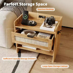 Rattan Nightstand Set of 2, Nightstand with Charging Station & Type-C Port, Boho Bedside Table with Drawer and Open Shelf, End Table