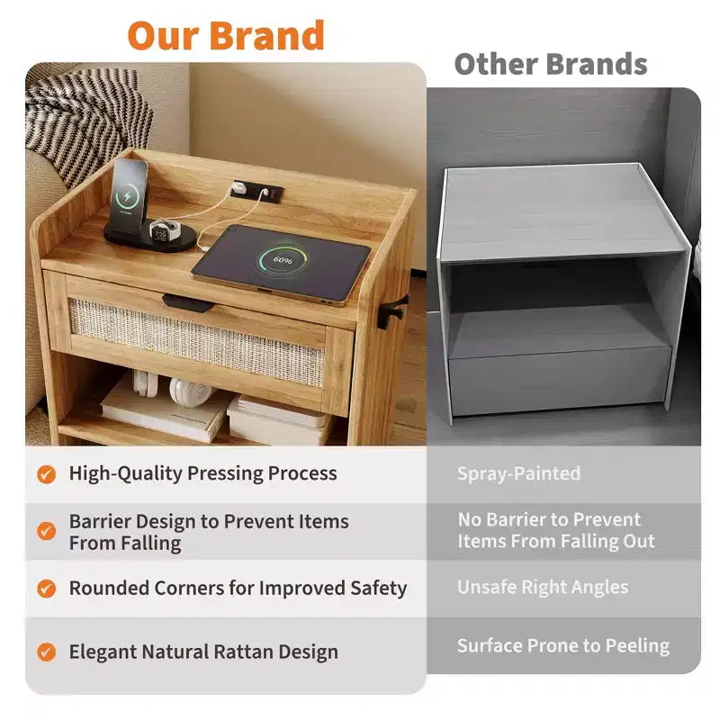 Rattan Nightstand Set of 2, Nightstand with Charging Station & Type-C Port, Boho Bedside Table with Drawer and Open Shelf, End Table