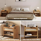 Rattan Nightstand Set of 2, Nightstand with Charging Station & Type-C Port, Boho Bedside Table with Drawer and Open Shelf, End Table