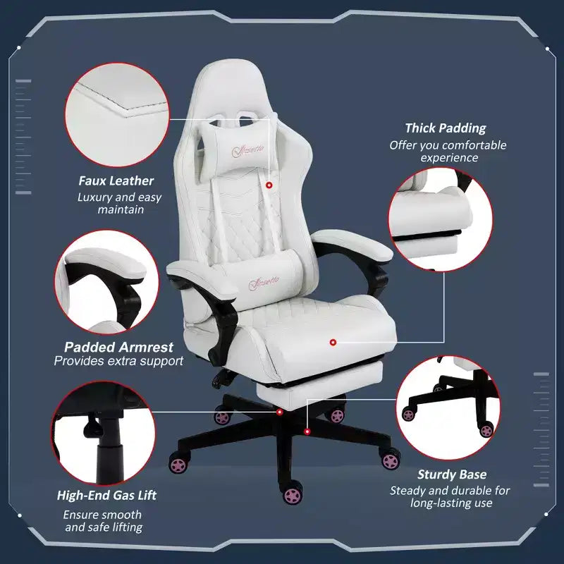 Sedia da gaming ergonomica in pelle PU, sedia da ufficio/computer da corsa con ruote girevoli, poggiapiedi estraibile, poggiatesta, supporto lombare e braccioli