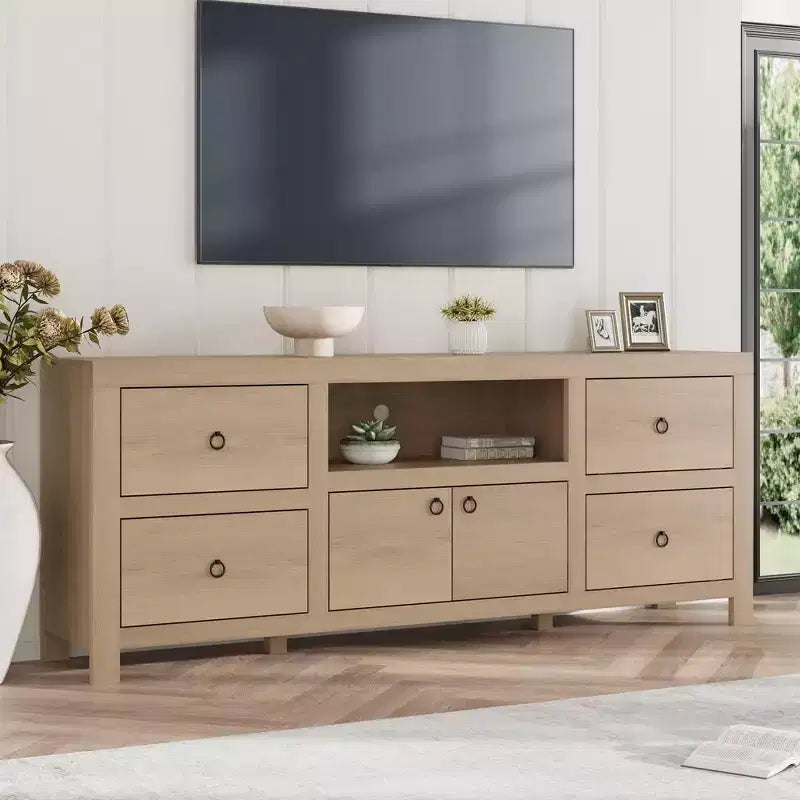 Farmhouse TV Stand for 75-80 Inch TVs, Long Entertainment Center with 6 Storage Drawers & Soundbar Shelf, White Media Console for Living Room
