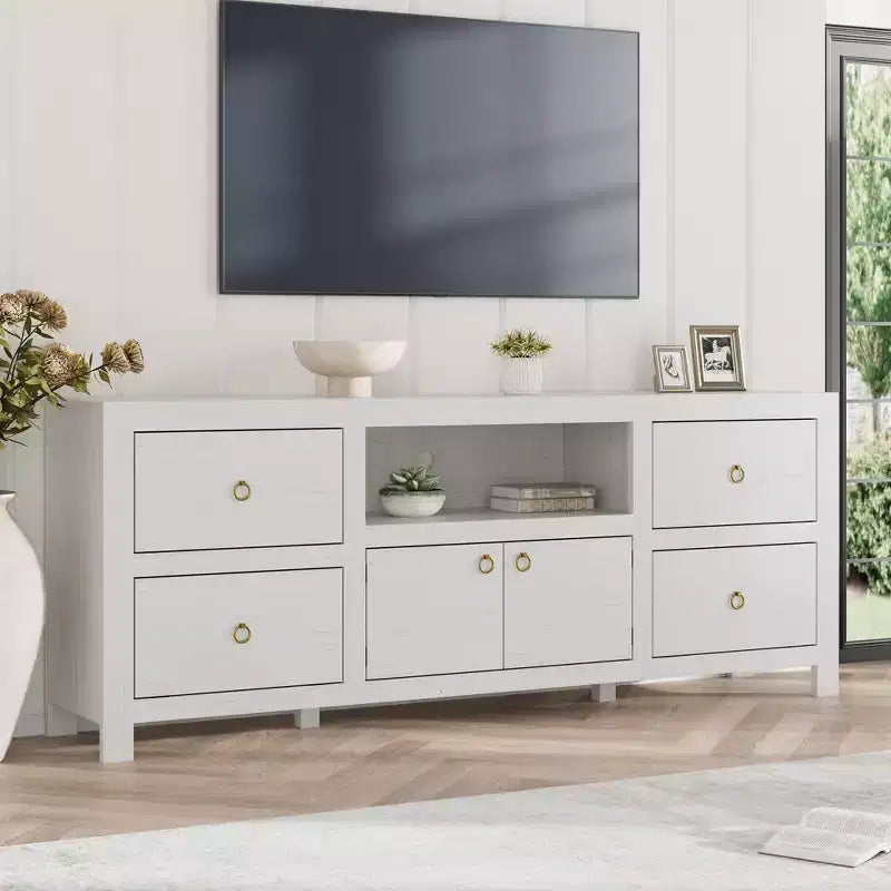 Mobile TV da fattoria per TV da 75-80 pollici, lungo centro di intrattenimento con 6 cassetti portaoggetti e ripiano per soundbar, consolle multimediale bianca per soggiorno
