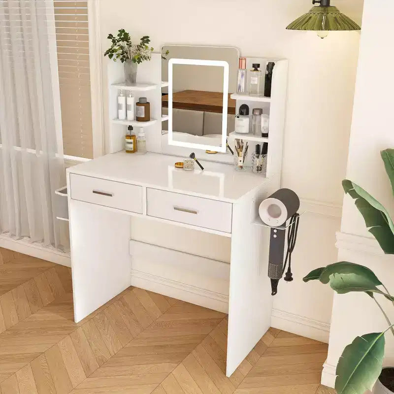 Okak Toeletta con Specchio e Strisce Regolabili a 3 Colori, Postazione Trucco con 2 Grandi Cassetti e Supporto per Asciugacapelli, Tavolo da Trucco per Camera da Letto, Bianco