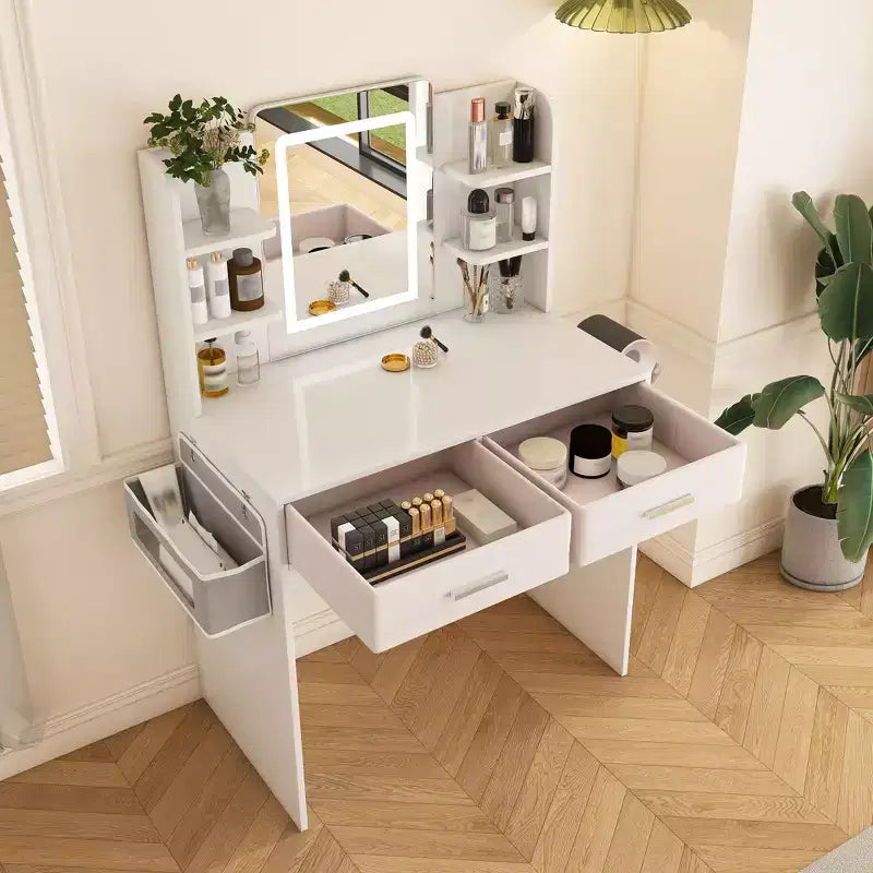 Okak Toeletta con Specchio e Strisce Regolabili a 3 Colori, Postazione Trucco con 2 Grandi Cassetti e Supporto per Asciugacapelli, Tavolo da Trucco per Camera da Letto, Bianco