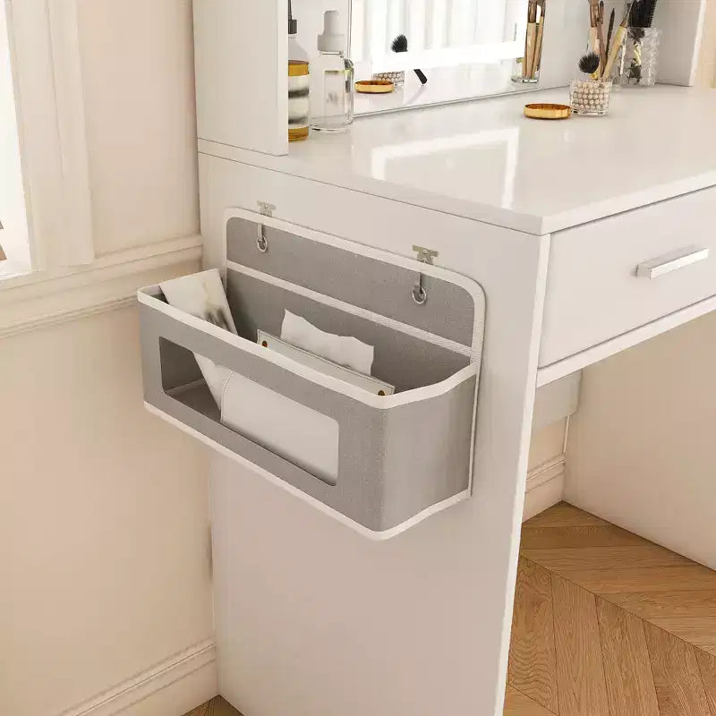 Okak Toeletta con Specchio e Strisce Regolabili a 3 Colori, Postazione Trucco con 2 Grandi Cassetti e Supporto per Asciugacapelli, Tavolo da Trucco per Camera da Letto, Bianco