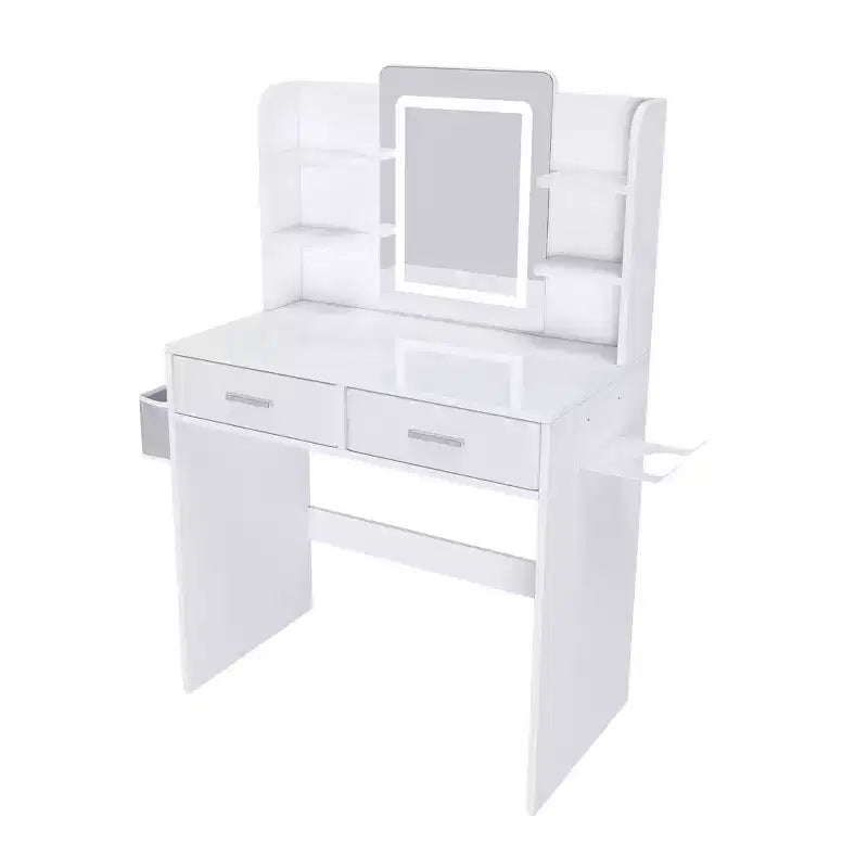Okak Toeletta con Specchio e Strisce Regolabili a 3 Colori, Postazione Trucco con 2 Grandi Cassetti e Supporto per Asciugacapelli, Tavolo da Trucco per Camera da Letto, Bianco