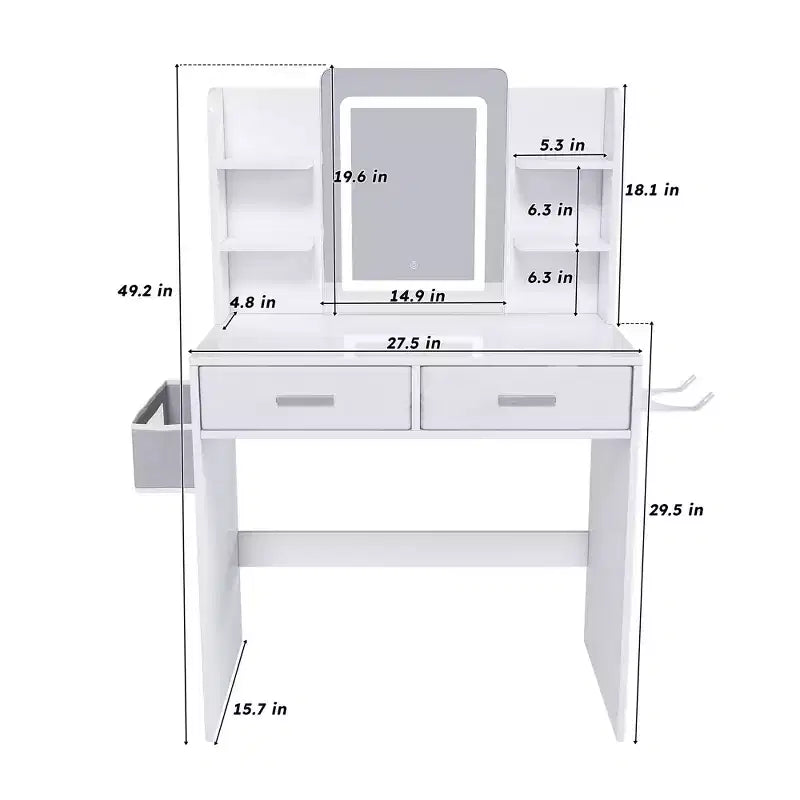 Okak Toeletta con Specchio e Strisce Regolabili a 3 Colori, Postazione Trucco con 2 Grandi Cassetti e Supporto per Asciugacapelli, Tavolo da Trucco per Camera da Letto, Bianco