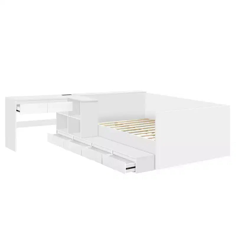 Bellemave Letto a piattaforma in legno a una piazza e mezza con 6 cassetti, ripiani e toletta, bianco