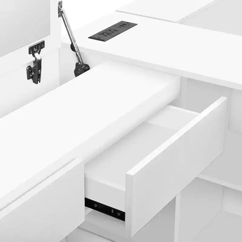 Bellemave Letto a piattaforma in legno a una piazza e mezza con 6 cassetti, ripiani e toletta, bianco