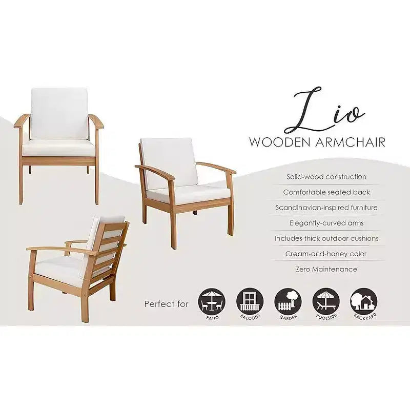 Balkene Home 63342 Poltrona in Legno Lio con Cuscini Sedia Lounge Moderna e Contemporanea per Patio Soggiorno Studio Giardino e Esterni Morbida – Marrone e Bianco
