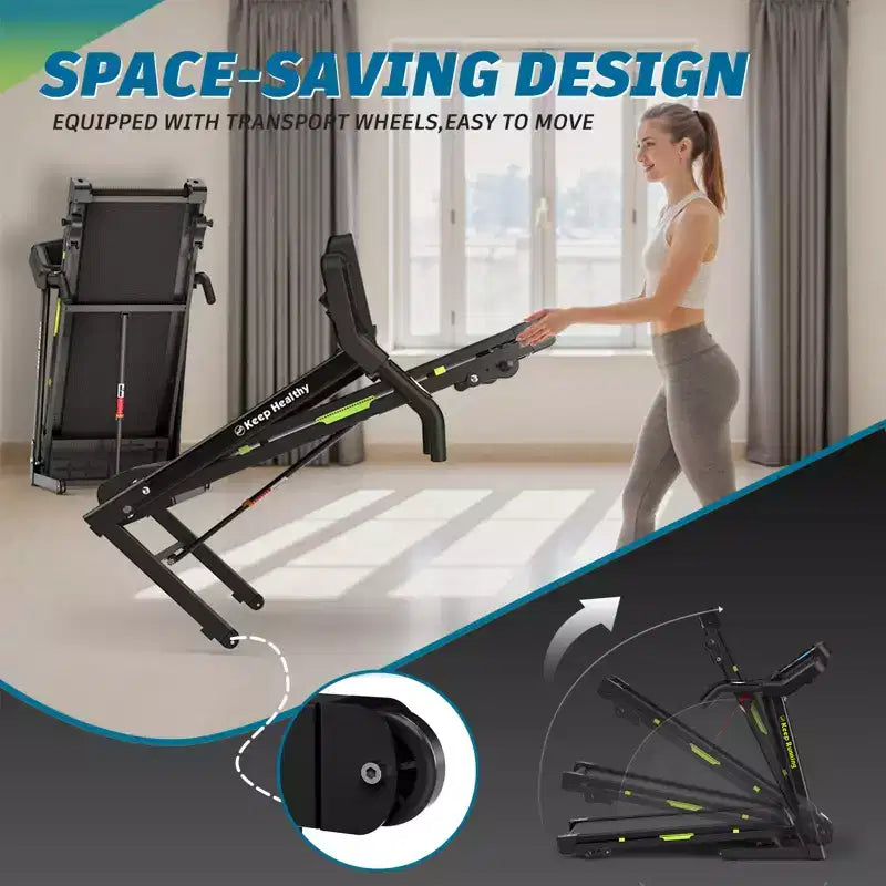 Folding Treadmill with Incline & App - Electric Running Machine for Home, Handrail Speed Controls & Built-In Pulse Monitor, Compact Design