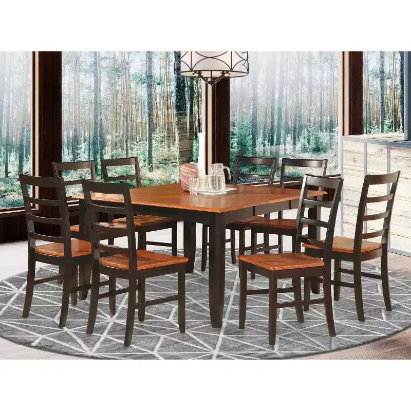 HomeStock Tavolo da pranzo a 9 pezzi con piano quadrato in legno massello con finitura nera e 8 sedie