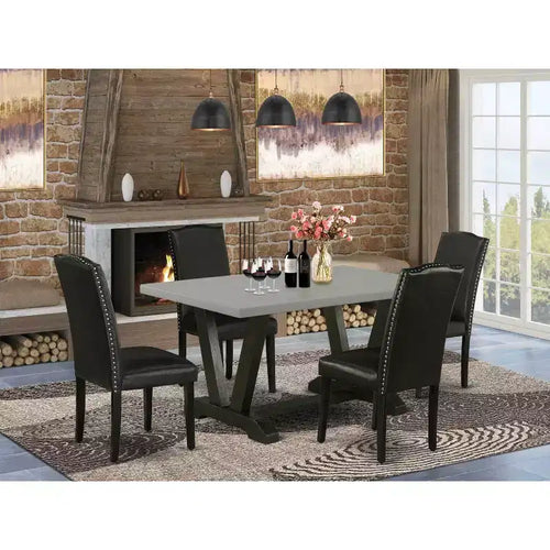 Tavolo da pranzo rettangolare a 5 pezzi in legno massello con finitura rovere naturale e 4 sedie Parson con