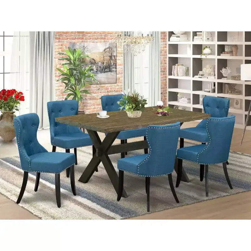 Tavolo da pranzo HomeStock rettangolare da 7 pezzi con piano in legno massello con finitura anticata Jacobean e 6 sedie Parson