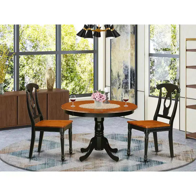 HomeStock Set da Pranzo Rotondo da 3 Pezzi, Tavolo con Piano in Legno Massello Finitura Nera e Ciliegio e 2 Sedie