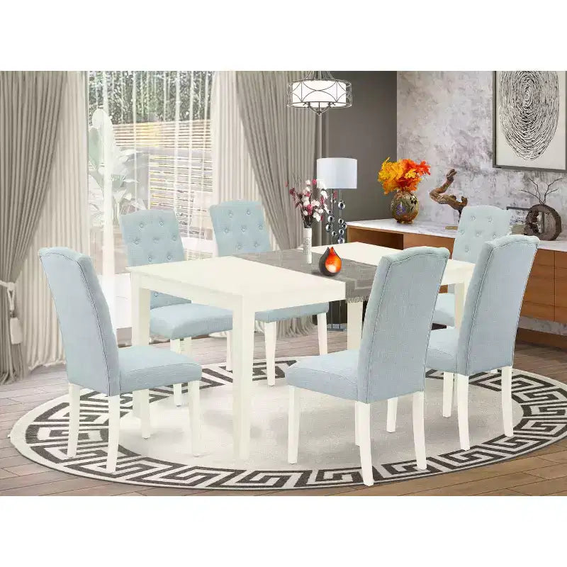 Tavolo da pranzo HomeStock 7 pezzi rettangolare con piano in legno massiccio finitura bianco lino e 6 sedie Parson