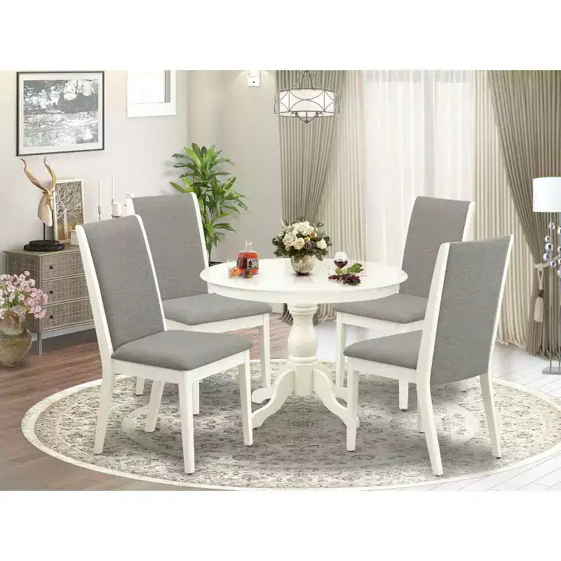 HomeStock Tavolo da pranzo in legno massello con piano bianco lino e 4 sedie, 5 pezzi