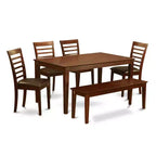 HomeStock 6-Piece Rectangle Mahogany Finish Solid Wood Top Dining Table with 1 Bench, 4 Chairs