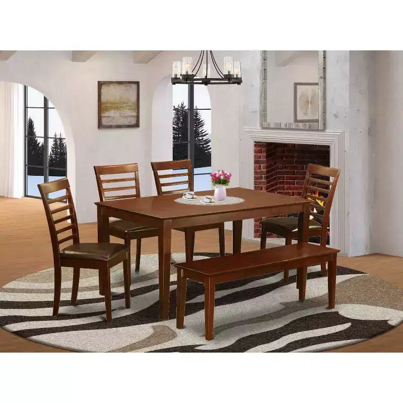 HomeStock Tavolo da pranzo a 6 posti con top in legno massello e finitura mogano, con 1 panca e 4 sedie