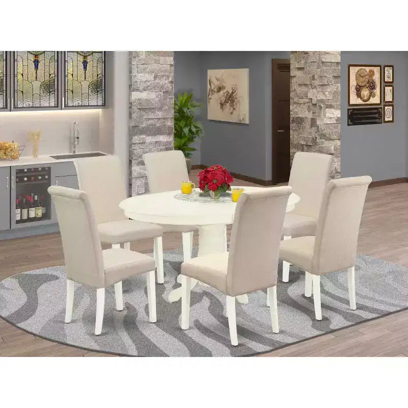 HomeStock Tavolo da Pranzo Ovale a 7 Pezzi Finitura Bianca Lino con Piano in Legno Massello e 6 Sedie Parson con Foglia a Farfalla