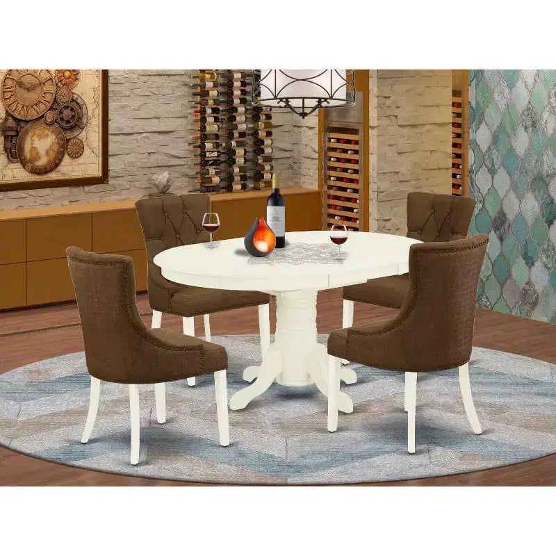 HomeStock Set Tavolo da Pranzo Ovale a 5 Pezzi con Top in Legno Massello Finitura Bianco Lino e 4 Sedie Parson con Prolunga a Farfalla