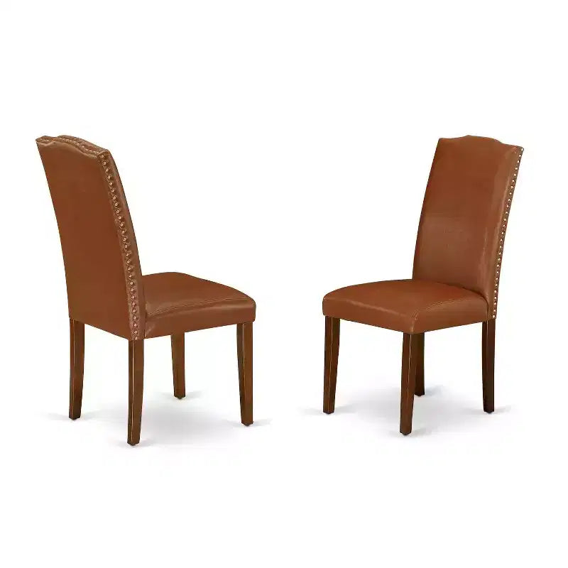 Dining Room Table Set 3pc 42 Inch Round Table w/ 2 Parsons Chairs - Brown Faux Leather