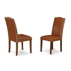 Dining Room Table Set 3pc 42 Inch Round Table w/ 2 Parsons Chairs - Brown Faux Leather