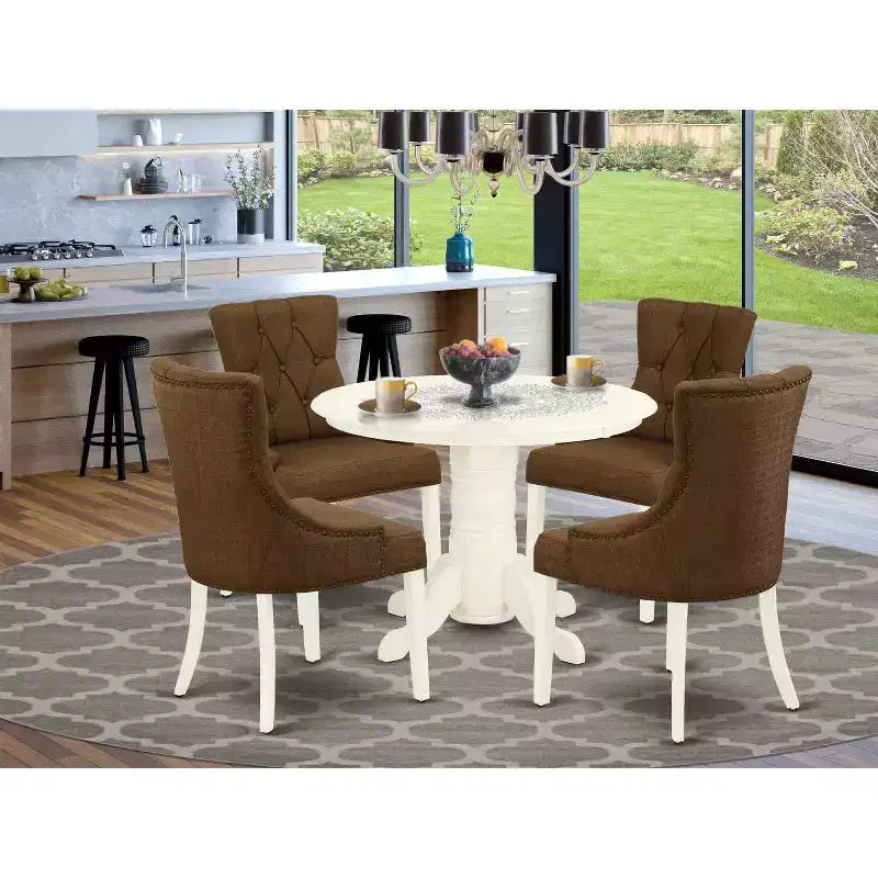 HomeStock Set da Pranzo 5 Pezzi con Tavolo Rotondo e 4 Sedie Parson, Finitura Bicolore Lattementa e Ciliegio, Piano in Legno Massello