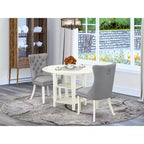 Set da pranzo HomeStock con tavolo rotondo in legno massello con piano a ribalta e finitura bianco lino, 3 pezzi