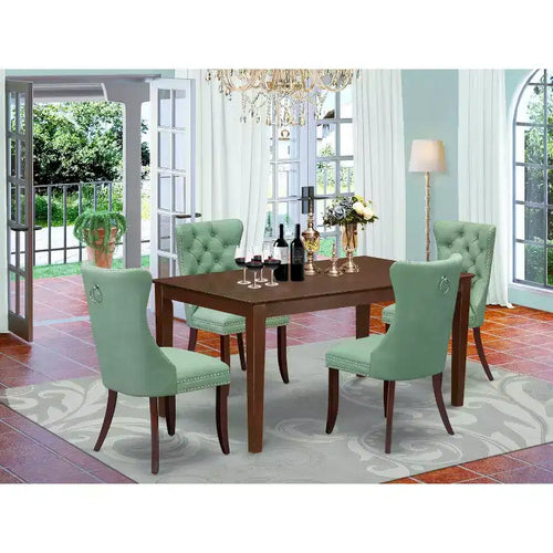 Set da pranzo 5 pezzi rettangolare in legno massello con finitura mogano e sedute imbottite - Posti 4