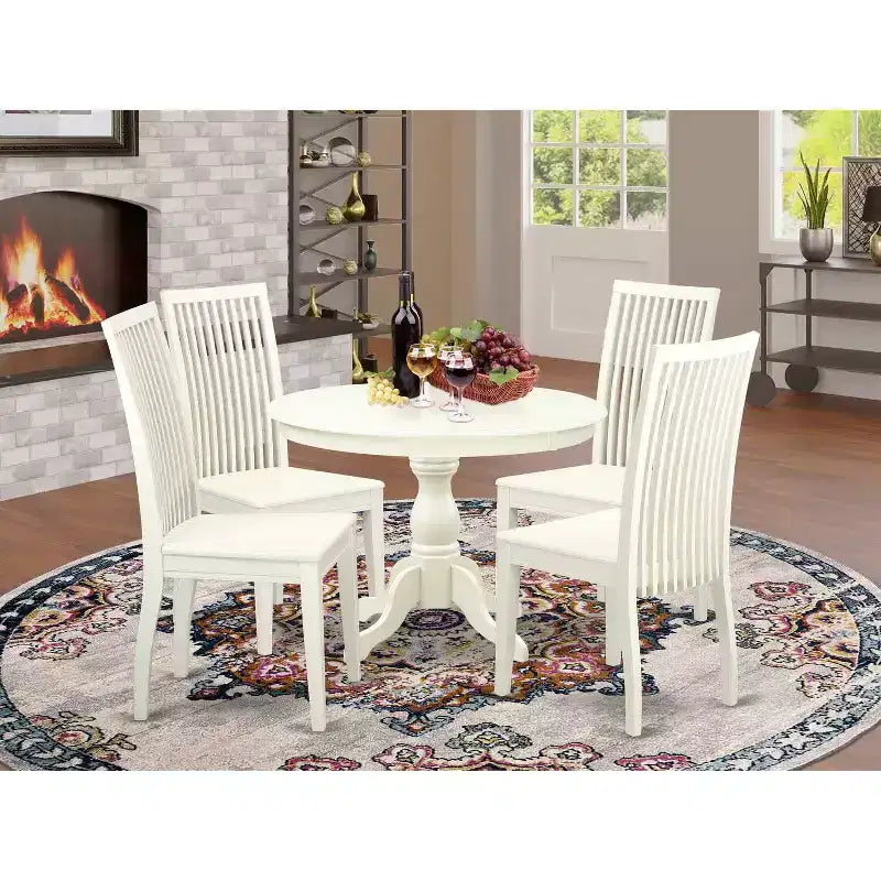 HomeStock tavolo da pranzo da 5 pezzi con piano in legno massello con finitura lino bianco e 4 sedie con schienale a doghe