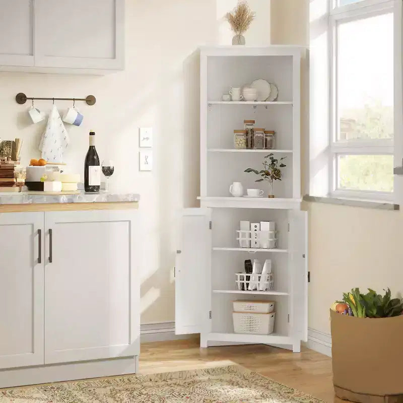Corner Hutch Cabinet in White  Tall Space-Saving Storage Unit with 2 Barn Door Design & Adjustable Shelves  Ideal for Kitchen Organization